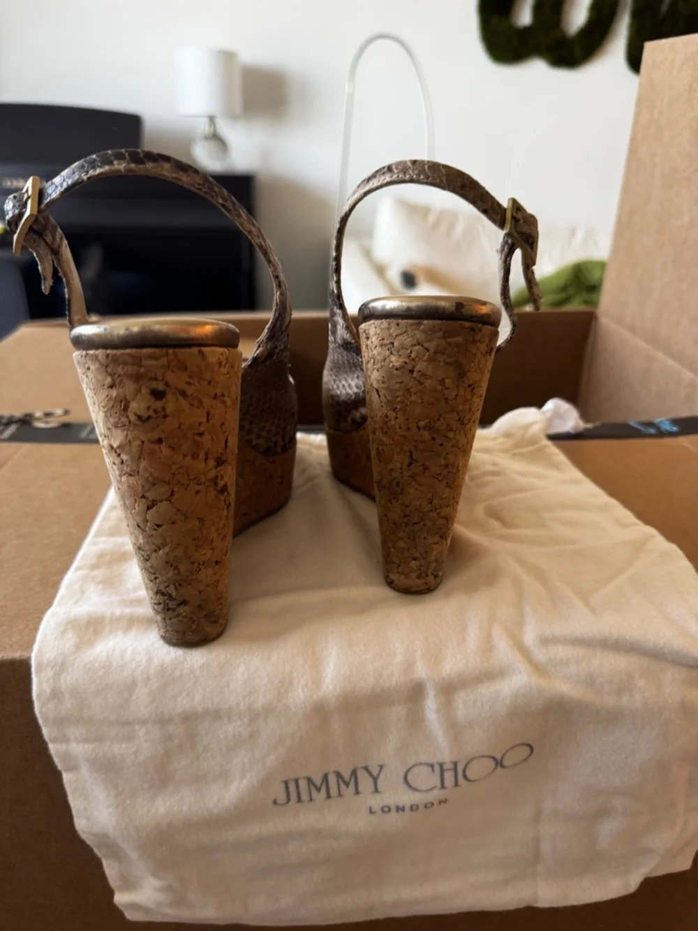 Jimmy Choo Snake Skin Cork Wedge Sandals
